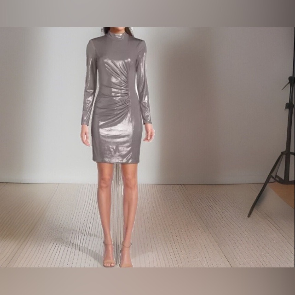 Vince Camuto Ruched Mockneck Metallic Silver Sheath Dress, Size 2